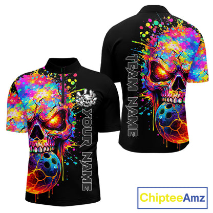 Colorful Skull bowling jerseys Bowling Polo, 1/4 zip Shirt Custom Bowling Team shirt for mens bowlers NQS11317