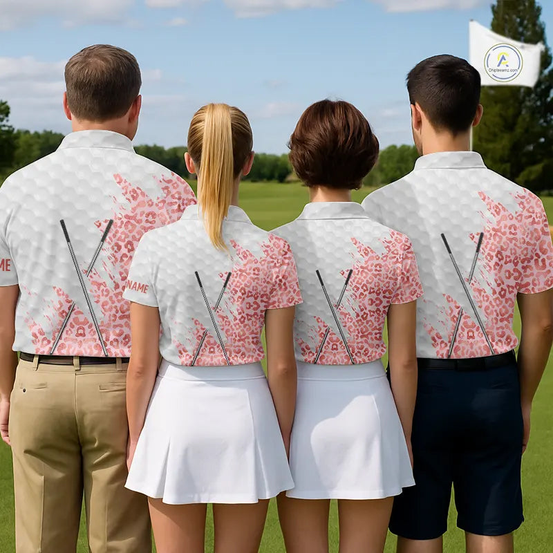 Pink glitter Leopard skin pattern custom name white Womens golf polo shirts, team ladies golf tops NQS11526