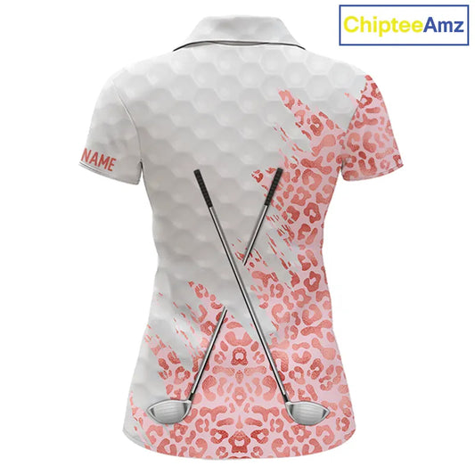 Pink glitter Leopard skin pattern custom name white Womens golf polo shirts, team ladies golf tops NQS11526