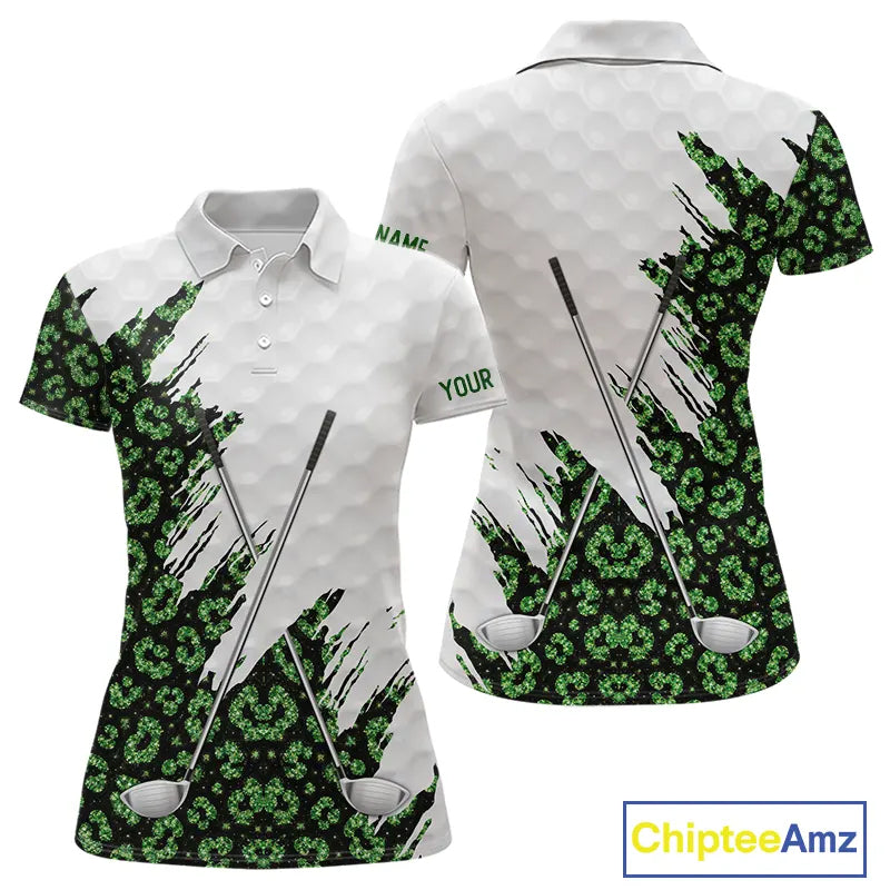 Green glitter Leopard skin pattern custom name white Womens golf polo shirts, team ladies golf tops NQS11527