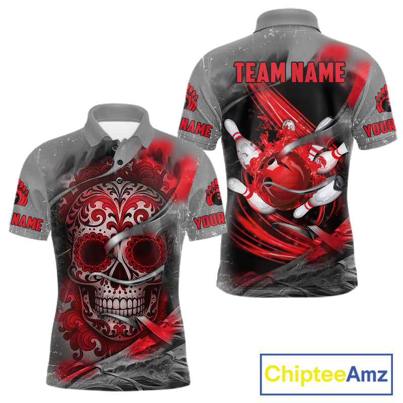 Red Sugar Skull Tattoo Custom Mens Bowling Polo, Quarter Zip Shirts,Team Bowling Jerseys NQS11528