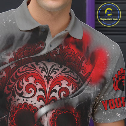 Red Sugar Skull Tattoo Custom Mens Bowling Polo, Quarter Zip Shirts,Team Bowling Jerseys NQS11528