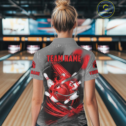 Red Sugar Skull Tattoo Custom Women Bowling Polo, Quarter Zip Shirts,Team Bowling Jerseys NQS11528