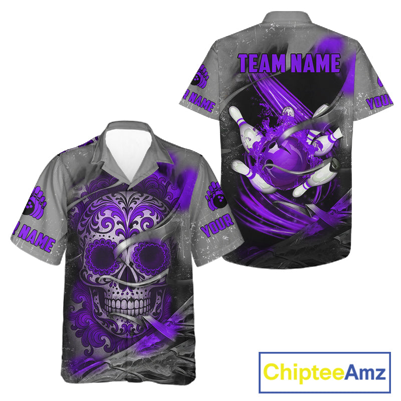 Purple Sugar Skull Tattoo Custom Bowling Hawaiian Shirt, Team Bowling button up shirt NQS11530