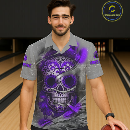 Purple Sugar Skull Tattoo Custom Bowling Hawaiian Shirt, Team Bowling button up shirt NQS11530