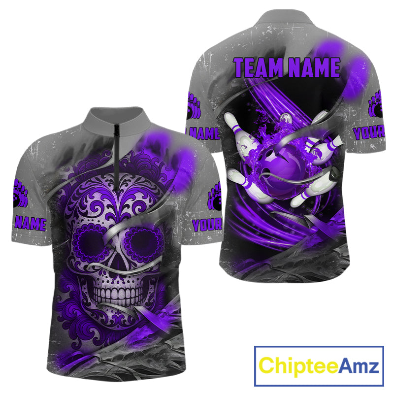 Purple Sugar Skull Tattoo Custom Mens Bowling Polo, Quarter Zip Shirts,Team Bowling Jerseys NQS11530