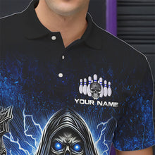 Load image into Gallery viewer, Personalized Skull Bowling Shirt For Men Custom Team Name Lightning Thunder Bowler Jerseys | Blue NQS9747