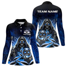 Load image into Gallery viewer, Personalized Skull Bowling Shirt For Women Custom Team Name Lightning Thunder Bowler Jerseys | Blue NQS9747