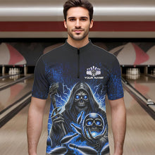 Load image into Gallery viewer, Personalized Skull Bowling Shirt For Men Custom Team Name Lightning Thunder Bowler Jerseys | Blue NQS9747