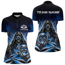 Load image into Gallery viewer, Personalized Skull Bowling Shirt For Women Custom Team Name Lightning Thunder Bowler Jerseys | Blue NQS9747