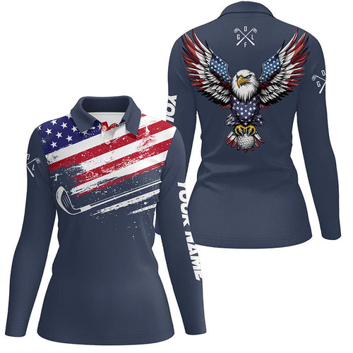 American Flag Eagle Women golf polo shirts custom patriotic team golf shirts, golfer gifts | Navy NQS7905