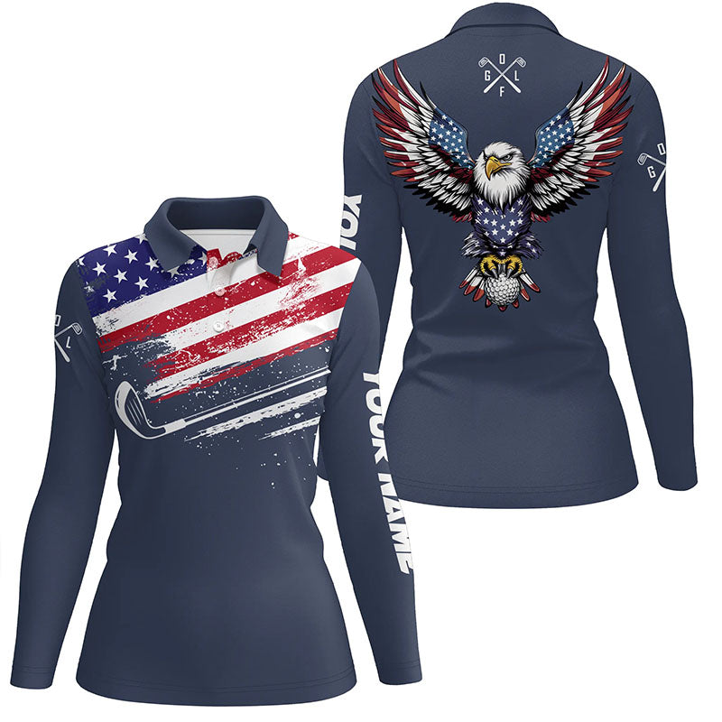 American Flag Eagle Women golf polo shirts custom patriotic team golf shirts, golfer gifts | Navy NQS7905