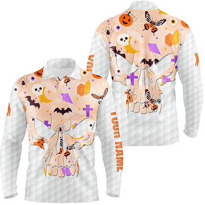 Mens golf polo shirt orange Halloween pattern custom skull golf ball shirt for men, best men golf wear NQS8543
