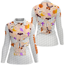 Load image into Gallery viewer, Women golf polo shirts orange Halloween pattern custom skull golf ball shirt, best ladies golf wear NQS8543