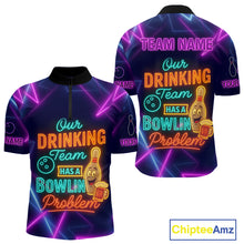 Load image into Gallery viewer, Our Drinking Team has a bowling problem Custom colorful neon funny bowling and beer shirts for men NQS11126
