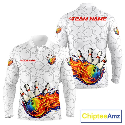 Colorful rainbow flame Bowling Polo, 1/4 zip Shirt For Men Custom white camo Bowling Team jerseys NQS11319
