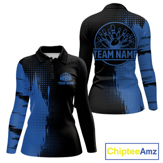 Black and Blue Bowling Polo, Quarter Zip Shirt For Women Custom Team Bowling jerseys NQS11320