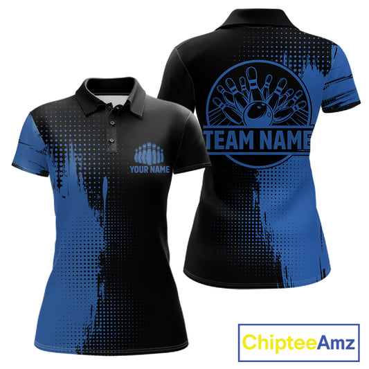 Black and Blue Bowling Polo, Quarter Zip Shirt For Women Custom Team Bowling jerseys NQS11320