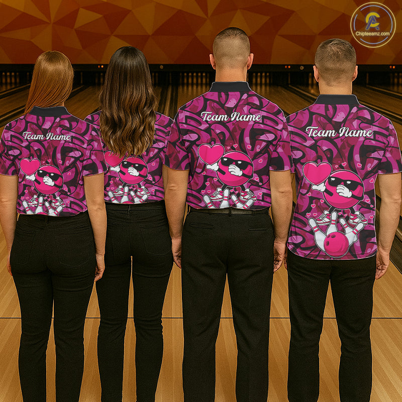 Funny Bowling heart pink graffiti pattern Valentine Mens Bowling Shirts Custom Couple Bowling Outfits NQS11322