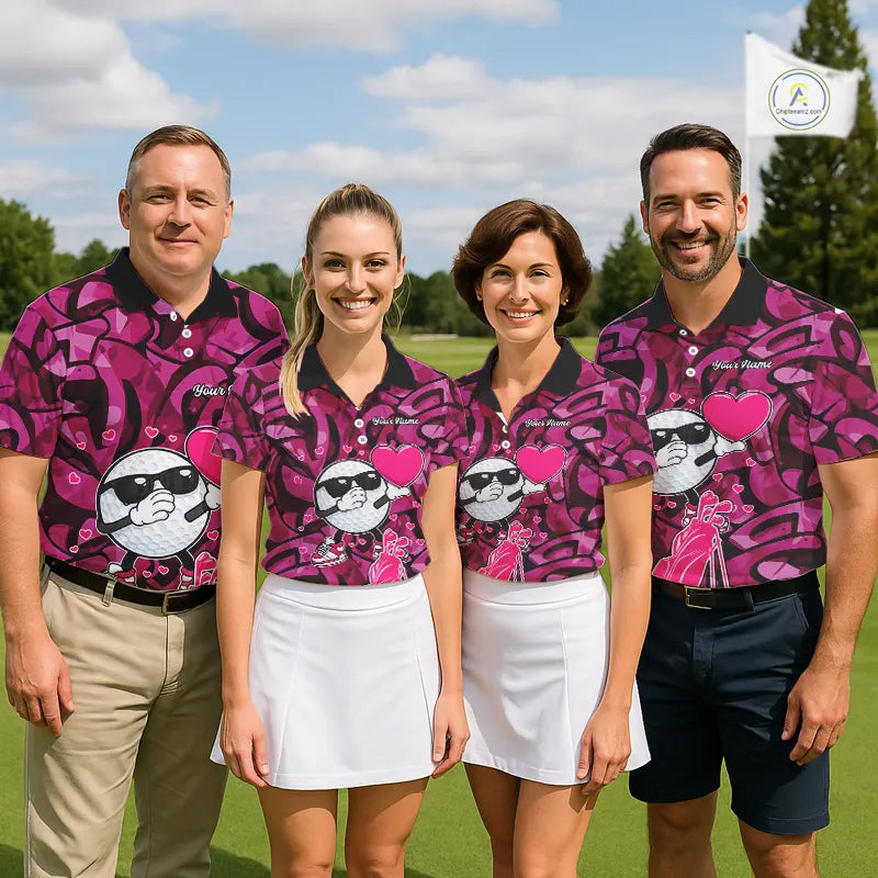 Funny Golf ball heart pink graffiti pattern Valentine Golf polo shirt for Women Custom Couple Outfits NQS11323