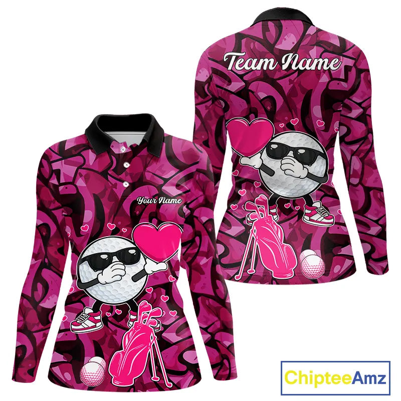 Funny Golf ball heart pink graffiti pattern Valentine Golf polo shirt for Women Custom Couple Outfits NQS11323