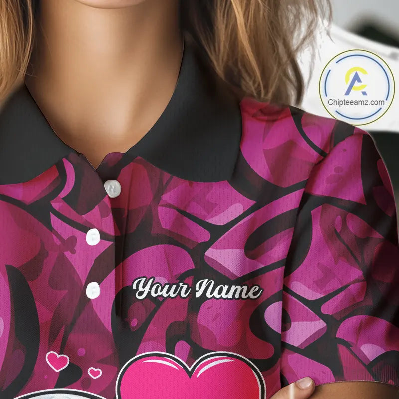 Funny Golf ball heart pink graffiti pattern Valentine Golf polo shirt for Women Custom Couple Outfits NQS11323