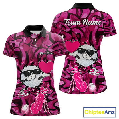 Funny Golf ball heart pink graffiti pattern Custom Valentine matching golf polo shirts for couples NQS11323