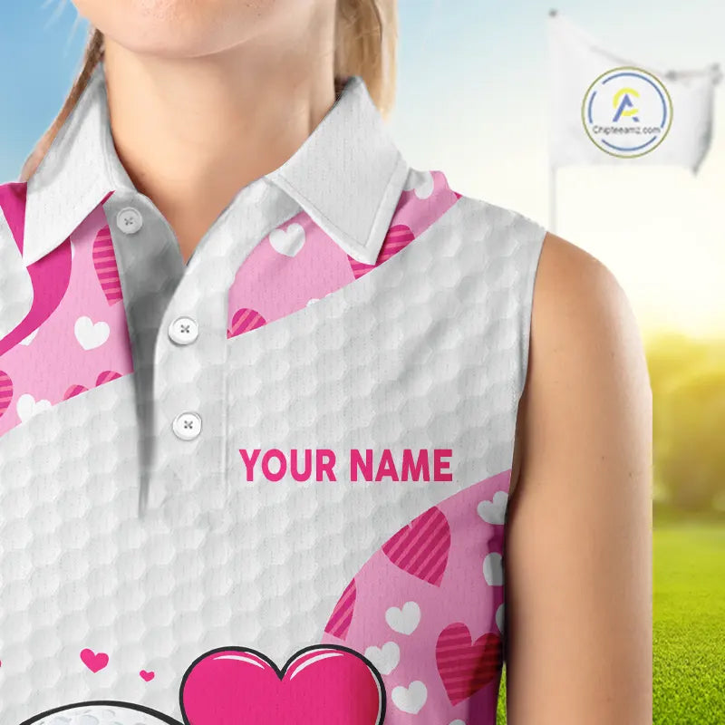 Personalized funny golf ball pink heart pattern white Sleeveless Golf Polo Shirt, Valentine golf gift NQS11324