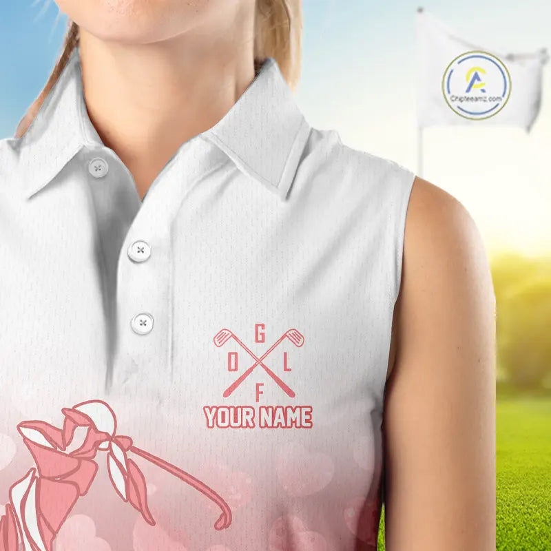Personalized pink heart pattern white Sleeveless Golf Polo Shirt, custom Valentine golf gifts for her NQS11326