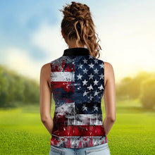 Load image into Gallery viewer, Personalized Sleeveless Polo shirts for Women custom grunge American Flag patriotic Ladies golf wears NQS9433