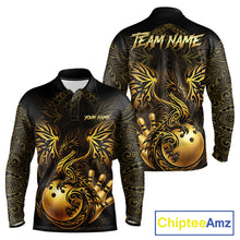 Load image into Gallery viewer, Custom Black And Gold tribal Dragon Bowling Shirts For Men, Dragon Bowling Team Shirts Uniform NQS11534