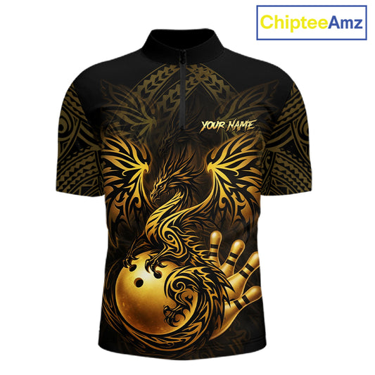 Custom Black And Gold tribal Dragon Bowling Shirts For Men, Dragon Bowling Team Shirts Uniform NQS11534