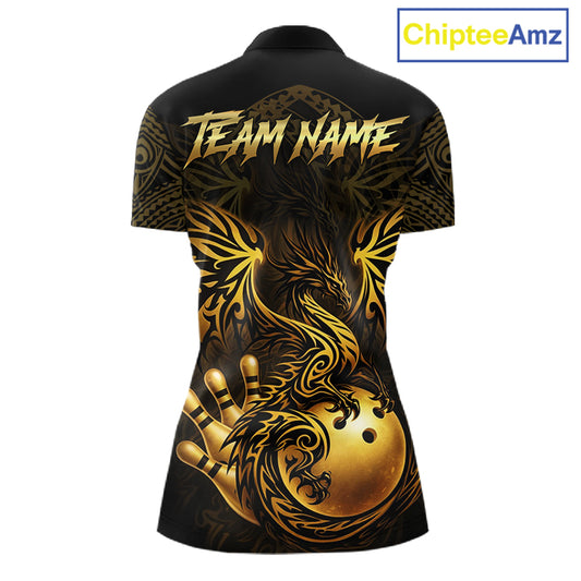 Custom Black And Gold tribal Dragon Bowling Shirts For Women, Dragon Bowling Team Shirts Uniform NQS11534