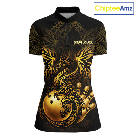 Custom Black And Gold tribal Dragon Bowling Shirts For Women, Dragon Bowling Team Shirts Uniform NQS11534