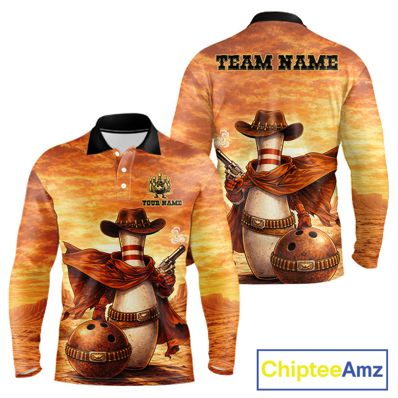 Custom Funny Desert Bowling Cowboy gun bowling team shirts For Men, Bowling Polo, 1/4 zip jerseys NQS11536