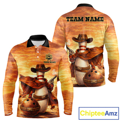 Custom Funny Desert Bowling Cowboy gun bowling team shirts For Men, Bowling Polo, 1/4 zip jerseys NQS11536