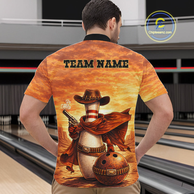 Custom Funny Desert Bowling Cowboy gun bowling team shirts For Men, Bowling Polo, 1/4 zip jerseys NQS11536