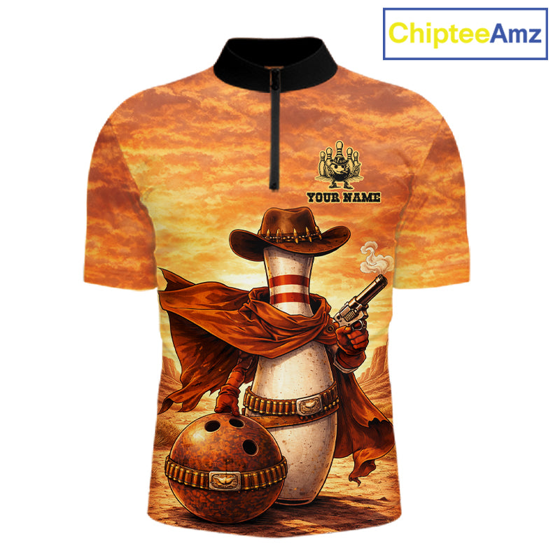 Custom Funny Desert Bowling Cowboy gun bowling team shirts For Men, Bowling Polo, 1/4 zip jerseys NQS11536