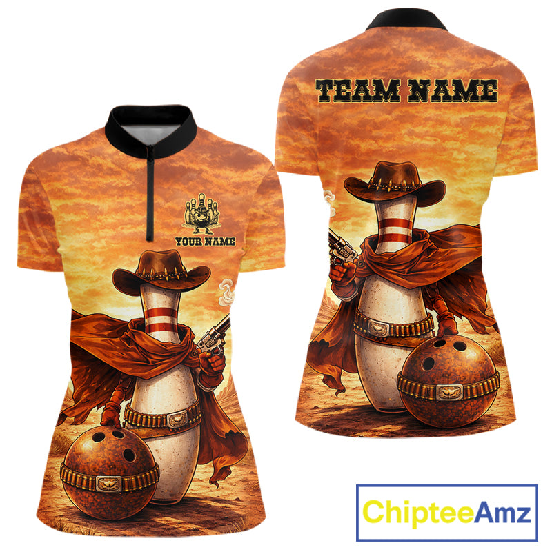 Custom Funny Desert Bowling Cowboy gun bowling team shirts For Women, Bowling Polo, 1/4 zip jerseys NQS11536