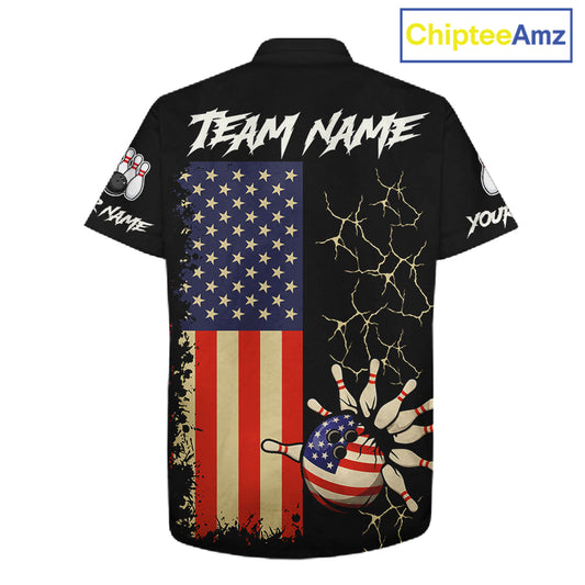 Custom American Flag Skull Bowling button-up shirts, patriotic team Bowling jerseys gift for bowlers NQS11538