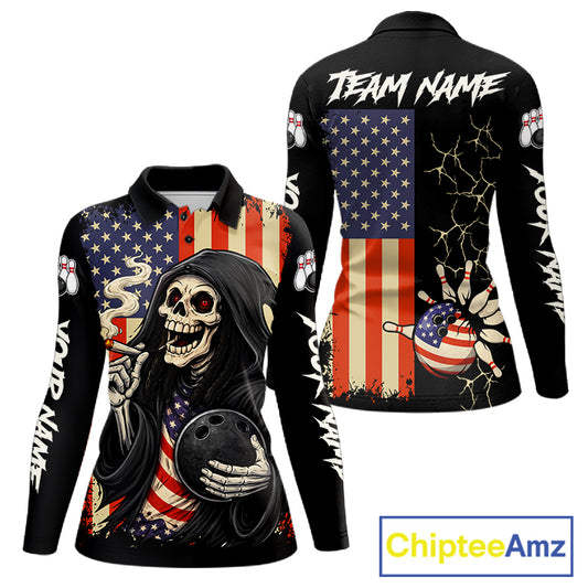 Custom American Flag Skull Bowling shirts For Women, patriotic team Bowling jerseys gift for bowlers NQS11538