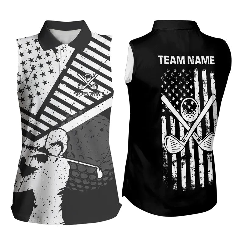 Black and White American Flag Women Sleeveless polo shirt custom patriotic golf apparel team jerseys NQS9605