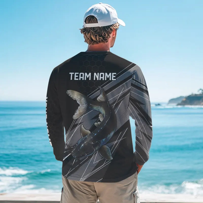 Personalized Black camo Catfish Fishing Jerseys, Catfish Long Sleeve Fishing Tournament Shirts NQS9750