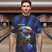 Load image into Gallery viewer, American Flag Eagle Mens Bowling Polo, 1/4 Zip Shirt Custom Name Patriotic Bowling Team Jersey | Blue NQS9755