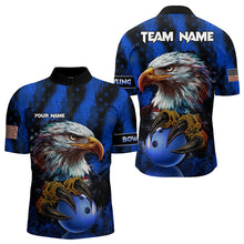 Load image into Gallery viewer, American Flag Eagle Mens Bowling Polo, 1/4 Zip Shirt Custom Name Patriotic Bowling Team Jersey | Blue NQS9755