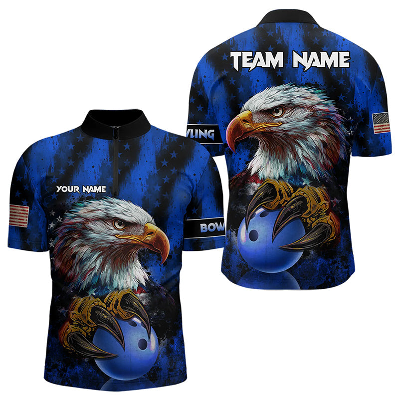 American Flag Eagle Mens Bowling Polo, 1/4 Zip Shirt Custom Name Patriotic Bowling Team Jersey | Blue NQS9755
