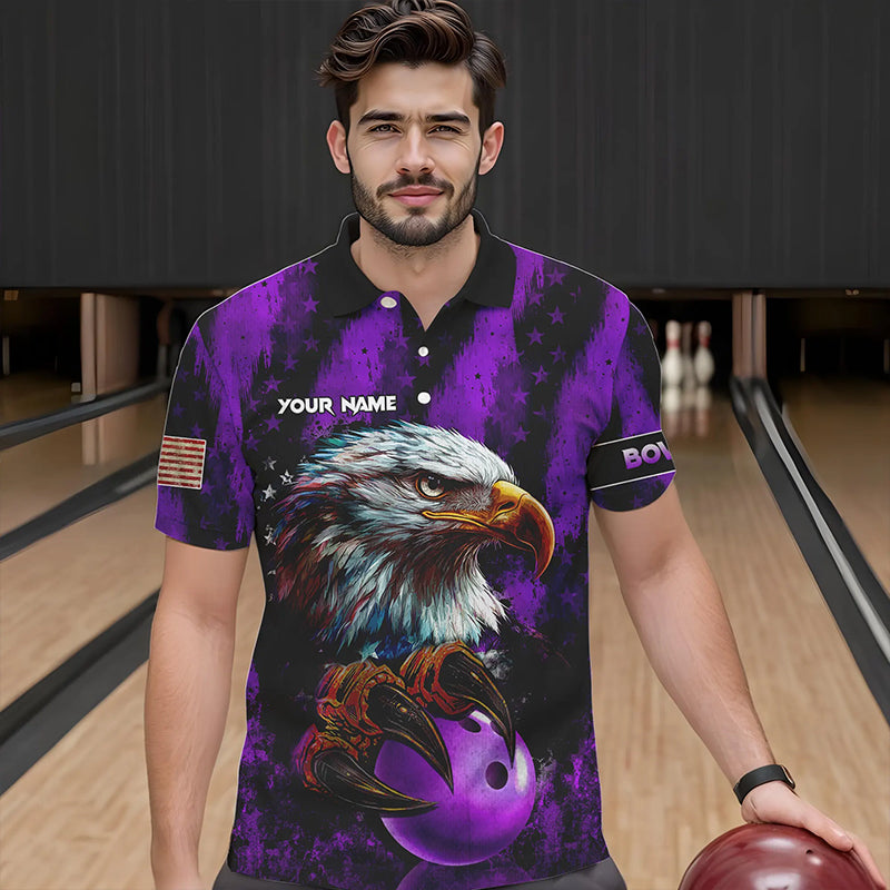 American Flag Eagle Mens Bowling Polo, 1/4 Zip Shirt Custom Patriotic Bowling Team Jersey | Purple NQS9756