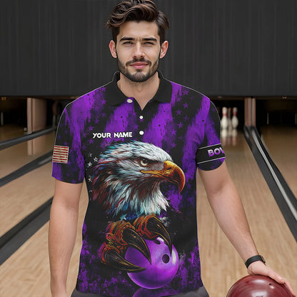 American Flag Eagle Mens Bowling Polo, 1/4 Zip Shirt Custom Patriotic Bowling Team Jersey | Purple NQS9756