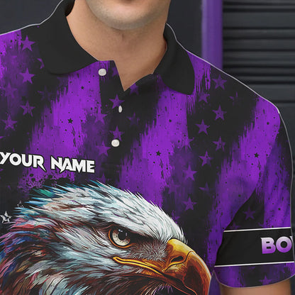 American Flag Eagle Mens Bowling Polo, 1/4 Zip Shirt Custom Patriotic Bowling Team Jersey | Purple NQS9756