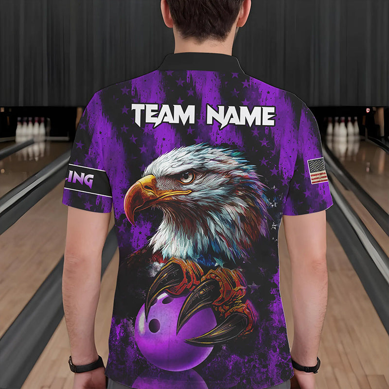 American Flag Eagle Mens Bowling Polo, 1/4 Zip Shirt Custom Patriotic Bowling Team Jersey | Purple NQS9756